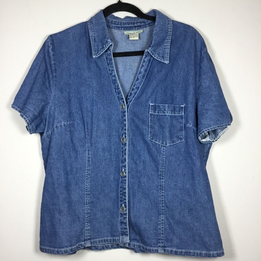 Blue denim 100% cotton shirt short sleeve button up western prairie 16 (XL)